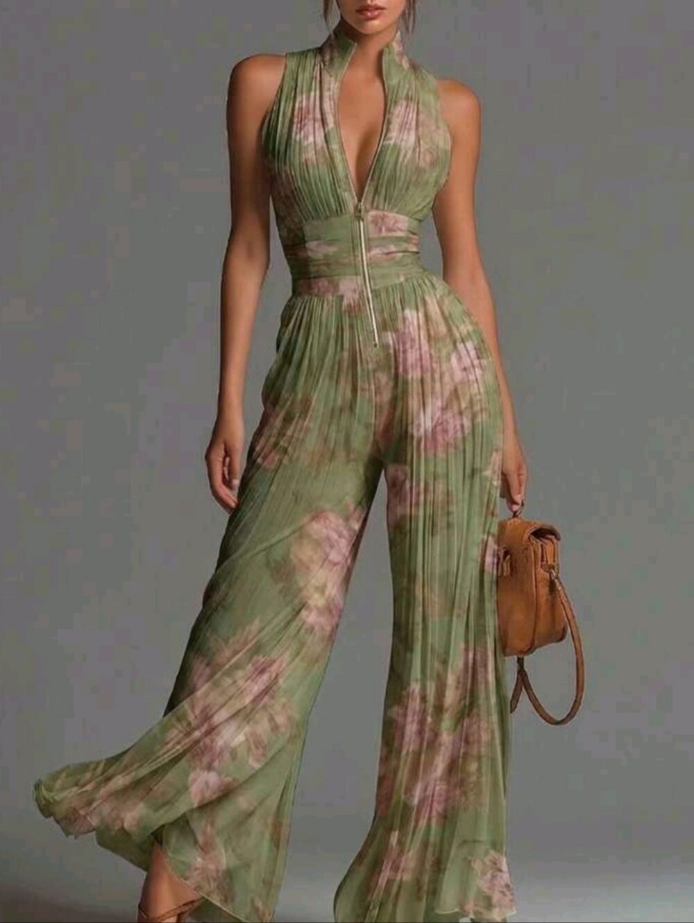 Green Floral Pleated Halter Jumpsuit